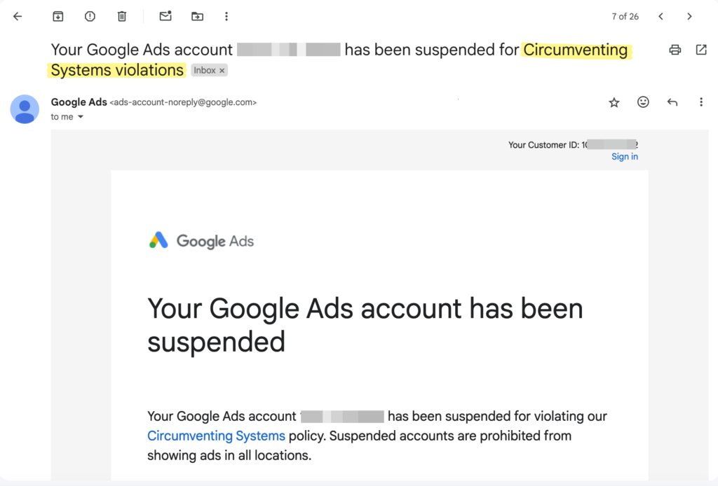 Google Ads Suspended Account Email Screenshot of Circumventing System Policies